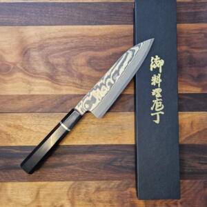 Fujiwara - Coltello Santoku lama 165mm Acciaio Damasco nero sanmai Ginsan3Silver - fatto a mano in Giappone